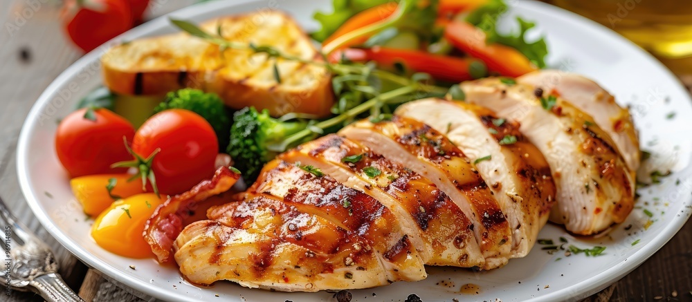 Poster a plate featuring sliced grilled chicken breasts accompanied by vegetables toast and bacon copy spac