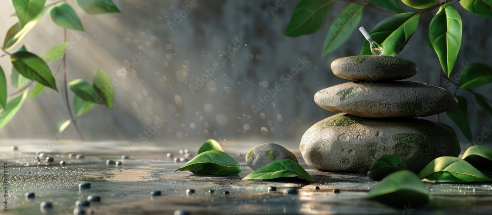Leinwandbilder still life of meditation with a pipette resting on a pyramid of three stones and green leaves along 