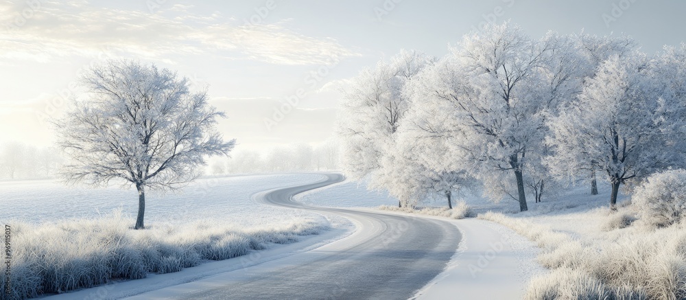 Poster frost covered trees along the roadside in a picturesque winter scene. with copy space image. place f