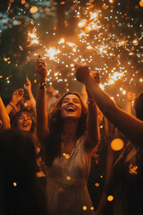 Obraz premium group of people celebrate new year on the party and hold fireflies