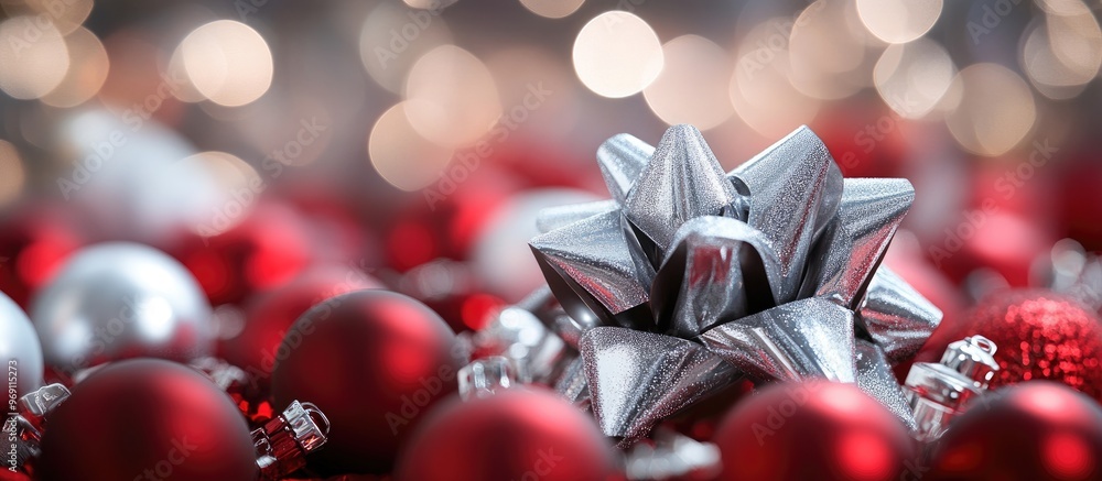 Poster Christmas arrangement featuring a silver bow and red ornaments. with copy space image. Place for adding text or design