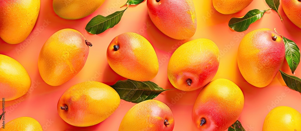 Poster Flat lay arrangement featuring mangoes on a colored background. with copy space image. Place for adding text or design