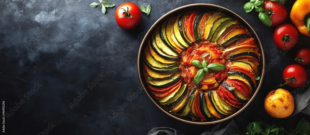 Poster ratatouille a classic provencal vegetable dish from france baked in the oven. with copy space image.