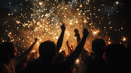 group of people celebrate new year on the party and hold fireflies