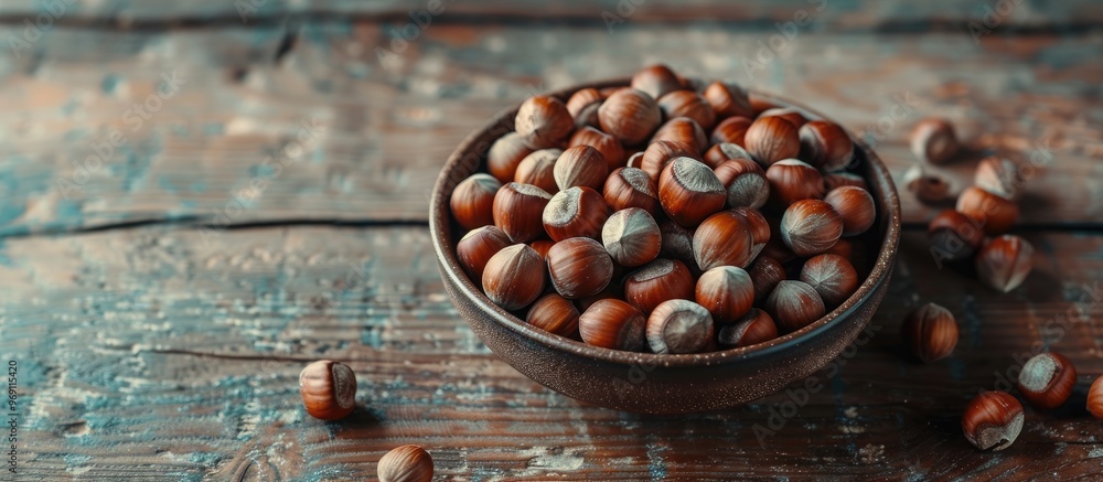 Poster Delicious hazelnuts on a wooden table top view Room for text. with copy space image. Place for adding text or design
