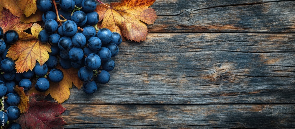 Poster close up of blue grapes and vibrant grape leaves on a weathered wooden surface background features c