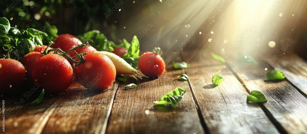 Aufkleber vegetables placed on a wooden surface organic healthy food concept of raw and vegetarian banner. wit