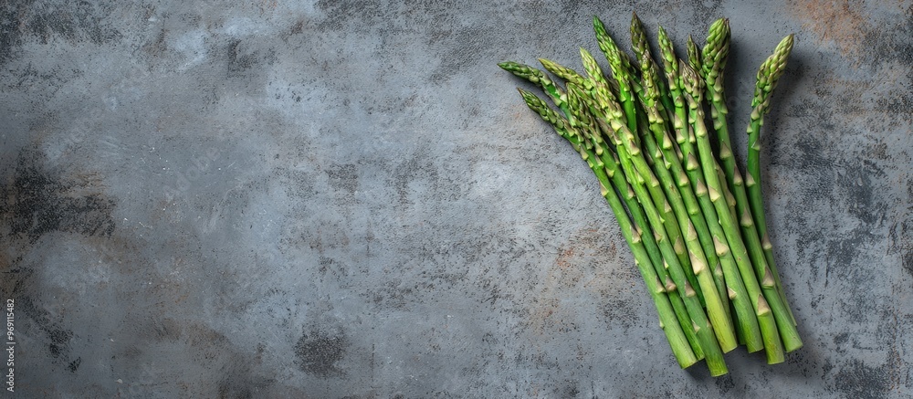 Poster fresh green raw asparagus on a concrete surface a top view of a bunch of fresh asparagus on a gray c