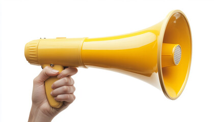 A close-up image of a hand gripping a bright yellow megaphone, isolated against a white background, symbolizing communication or announcement.
