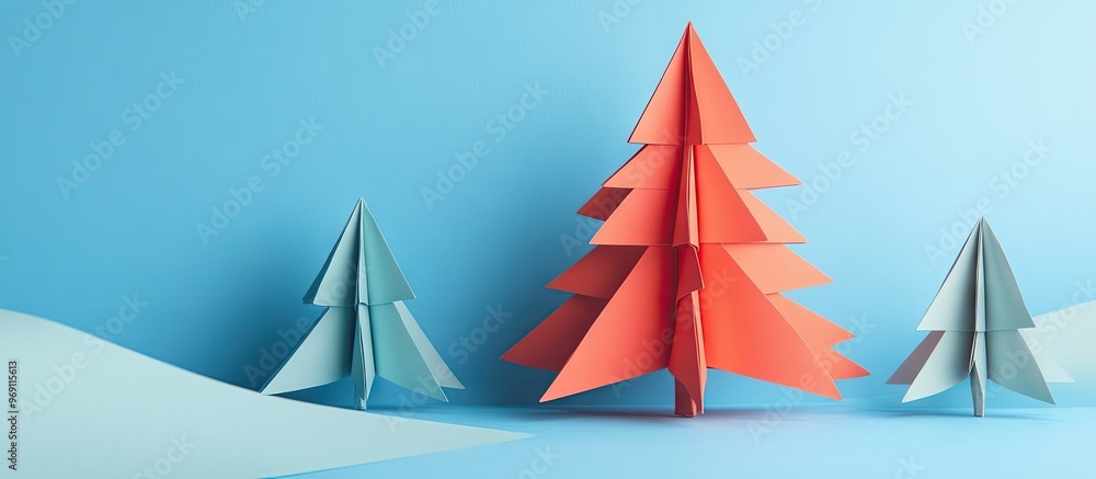Poster Origami Christmas tree made of paper on a blue background. with copy space image. Place for adding text or design