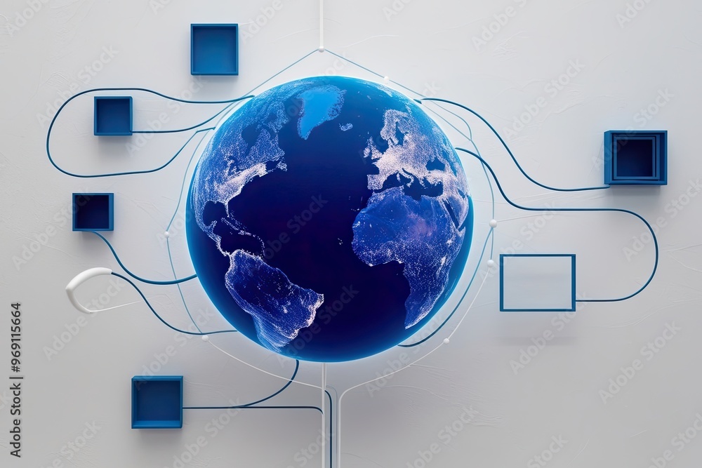 Aufkleber digital globe with flowing connections and abstract squares on white background