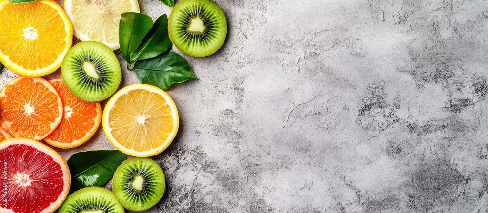 Aufkleber healthy food background sliced fruits on a gray stone surface including citrus orange lemon kiwi and