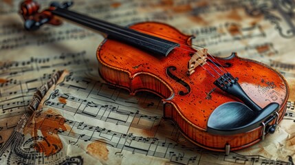 Fototapeta premium An antique violin rests gracefully on aged sheet music, evoking the past and melodies of forgotten songs. Generative AI