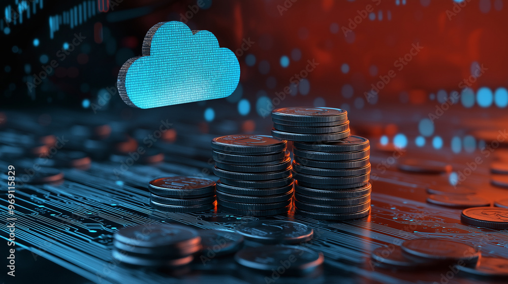 Poster a pile of coins ascending towards a cloud-shaped digital graphic, set against a background of circui