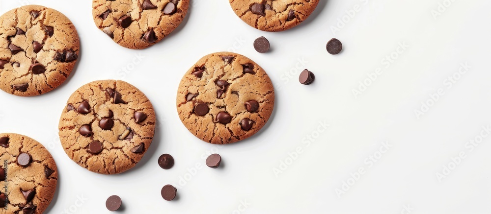 Aufkleber cookies with dark chocolate chips set against a white background. with copy space image. place for a