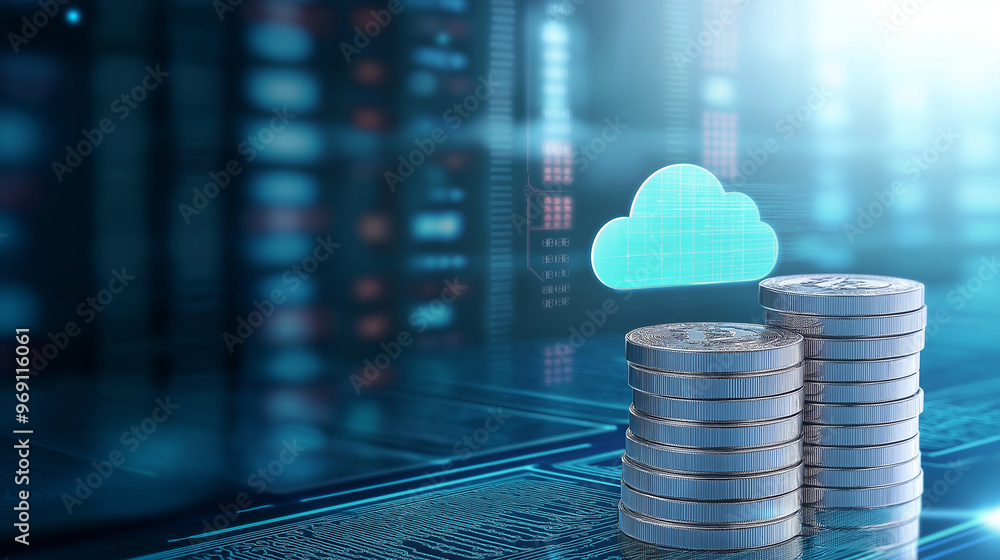 Poster a stack of coins casting a long shadow towards a distant cloud icon, with a futuristic data center a