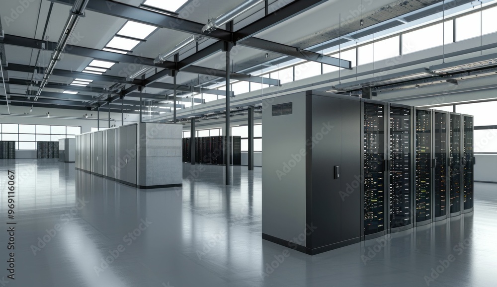 Poster modern data center with server racks in a spacious, well lit environment showcasing advanced technol