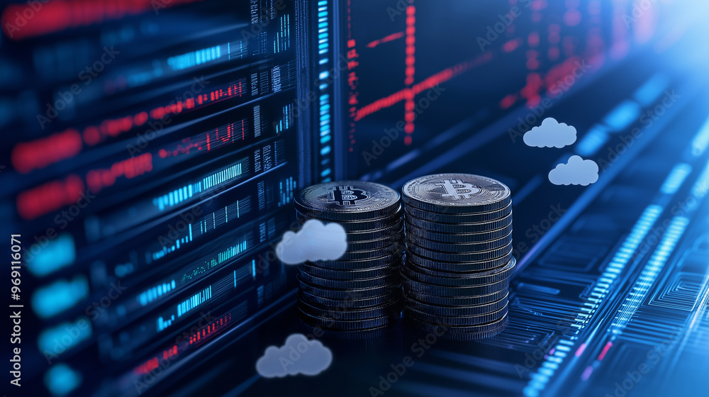 Poster a stack of coins casting a long shadow towards a distant cloud icon, with a futuristic data center a