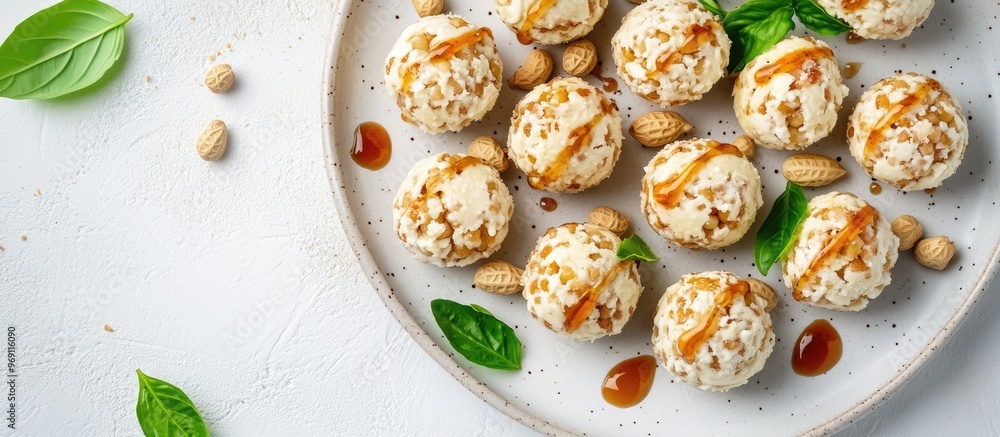 Poster Cottage cheese balls coated in peanuts and drizzled with apple basil sauce The dessert pretends to be ice cream. with copy space image. Place for adding text or design