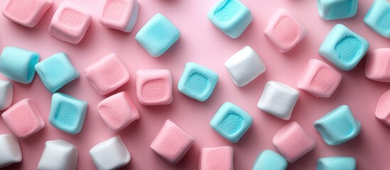 Colorful marshmallows arranged on a turquoise and pink paper background Pastel creative textured design Minimalistic. with copy space image. Place for adding text or design