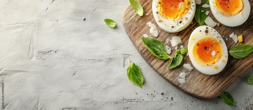 Poster boiled eggs and pork. with copy space image. place for adding text or design
