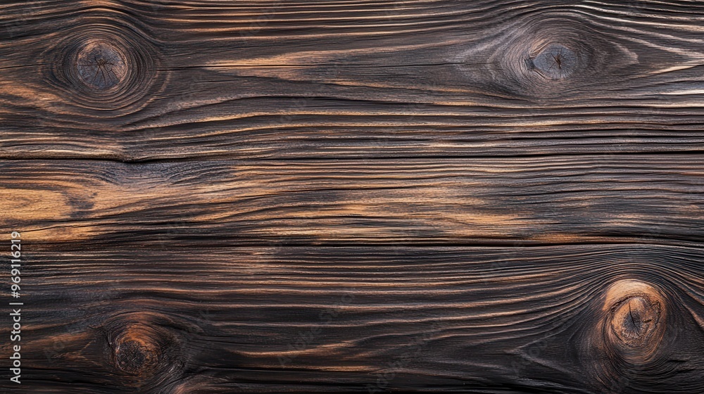 Poster a close-up view of textured dark wood with natural patterns and knots.