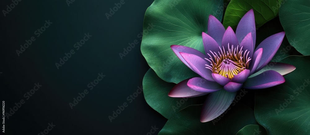 Poster blooming purple lotus flower alongside green leaves with a dark background. with copy space image. p
