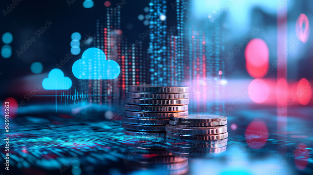 Poster a stack of coins in the foreground, with a semi-transparent cloud computing icon in the background, 