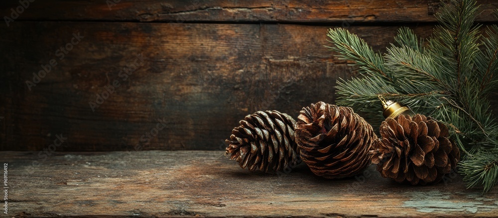 Poster vintage christmas xmas decoration on a wooden background. with copy space image. place for adding te