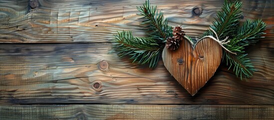 Obraz premium Wooden heart set against fir branches Copy space