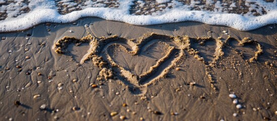 Fototapeta premium Inscription in wet sand I Love Summer Concept image of summer holiday. with copy space image. Place for adding text or design