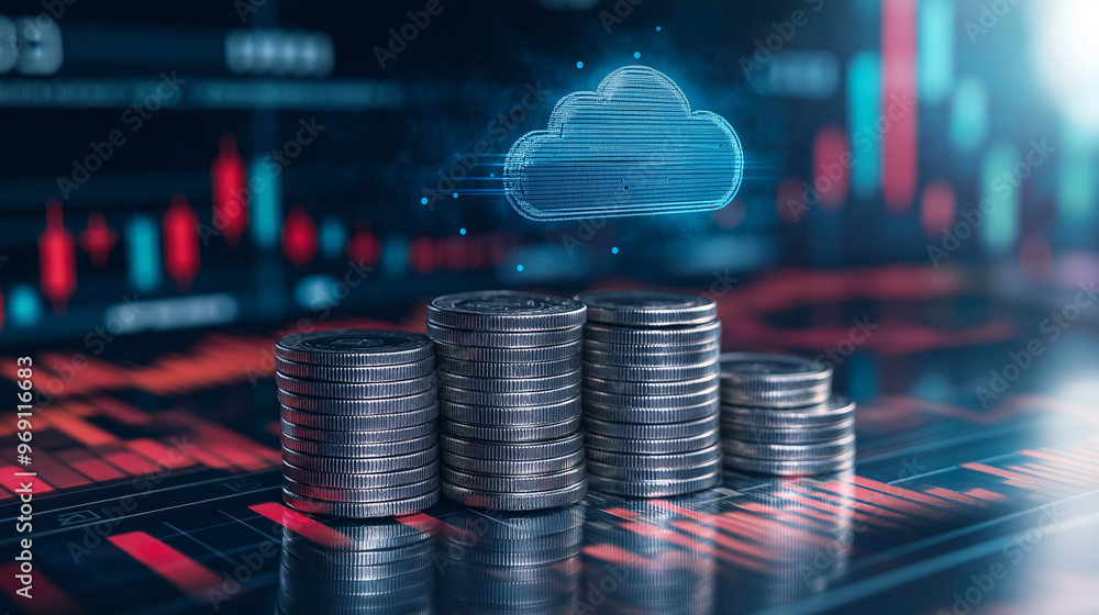 Poster coins arranged in a pyramid leading up to a hovering cloud symbol, with a background of data charts 