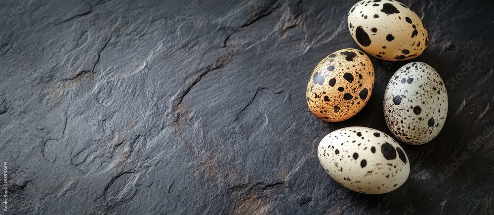 Poster painted quail eggs on a stone surface. with copy space image. Place for adding text or design