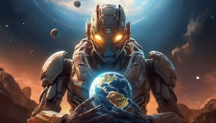 Naklejka premium Giant robot holding a planet
