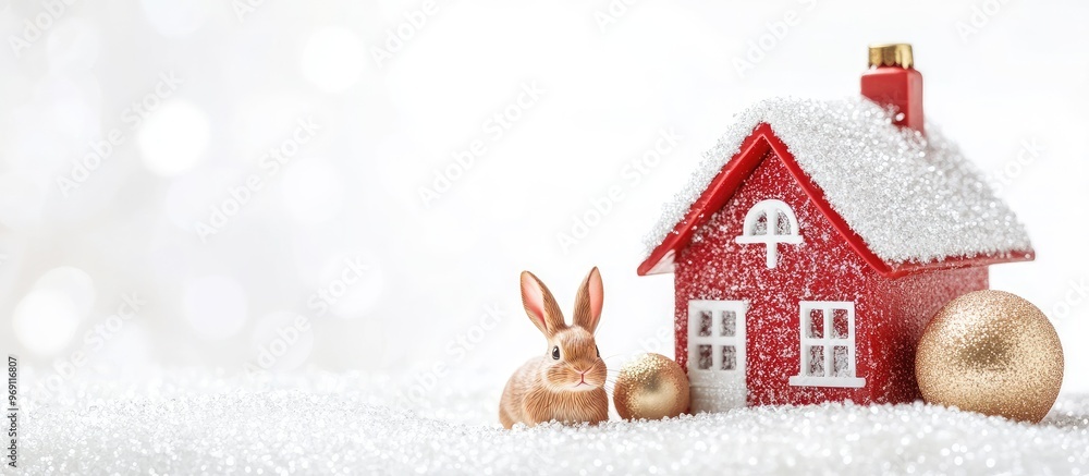 Poster Christmas toy house with bumps and a rabbit on a white background. with copy space image. Place for adding text or design
