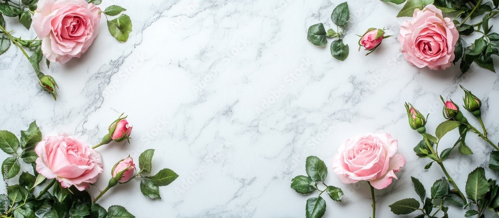 Poster Spring holiday theme with pink roses and decorations set against a white marble background. with copy space image. Place for adding text or design