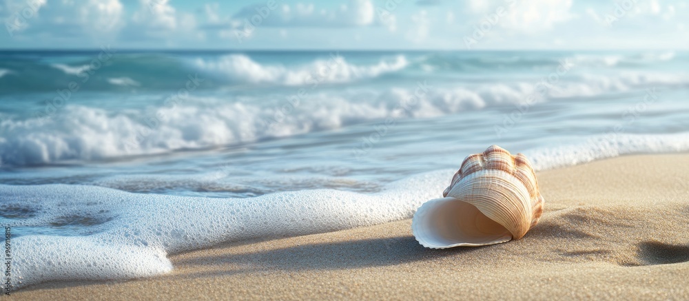 Poster Shell on sandy beach near ocean waves. with copy space image. Place for adding text or design