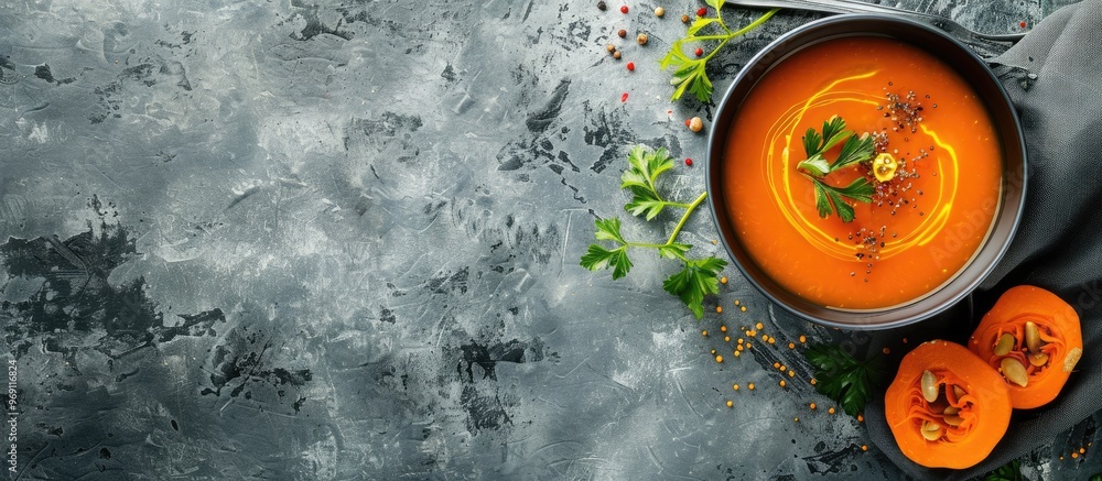 Poster pumpkin soup on a gray stone surface copyspace available top view