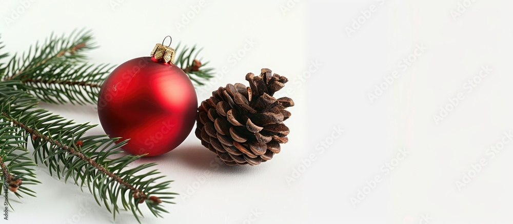 Aufkleber Christmas tree ornament red ball alongside a fir cone and green spruce branch on a white background isolated. with copy space image. Place for adding text or design