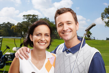 Portrait, golf course and couple with smile, hug and grass field with sports, recreation and happiness. Face, healthy man or woman with wellness, activity and romance with training, embrace and hobby