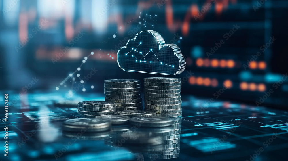Poster coins rising in a column beneath a cloud icon, surrounded by a web of digital connections and tech s