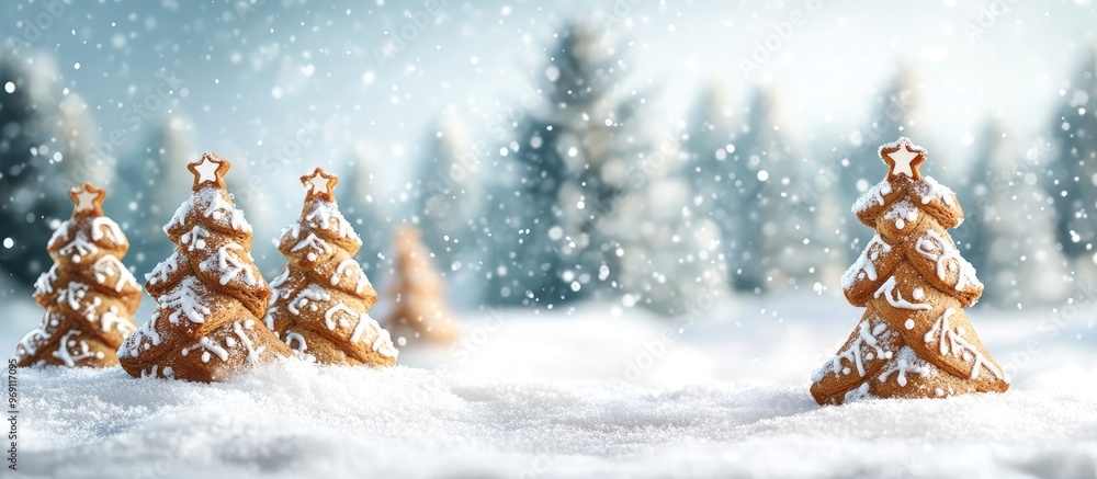 Poster christmas greeting card featuring homemade gingerbread trees in the snow with copy space for your me