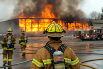 Firefighter facing away from the camera, in front of warehouse on fire with other nearby firefighters running towards the scene. Large building in the background engulfed in flames.