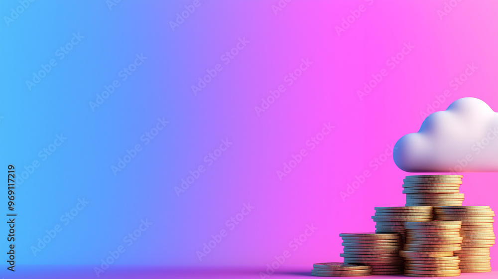 Poster a stack of coins leading up to a cloud icon with a gradient background of technology elements, symbo