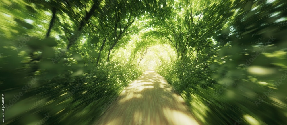Fototapete Pathway among green branches with motion blur. with copy space image. Place for adding text or design