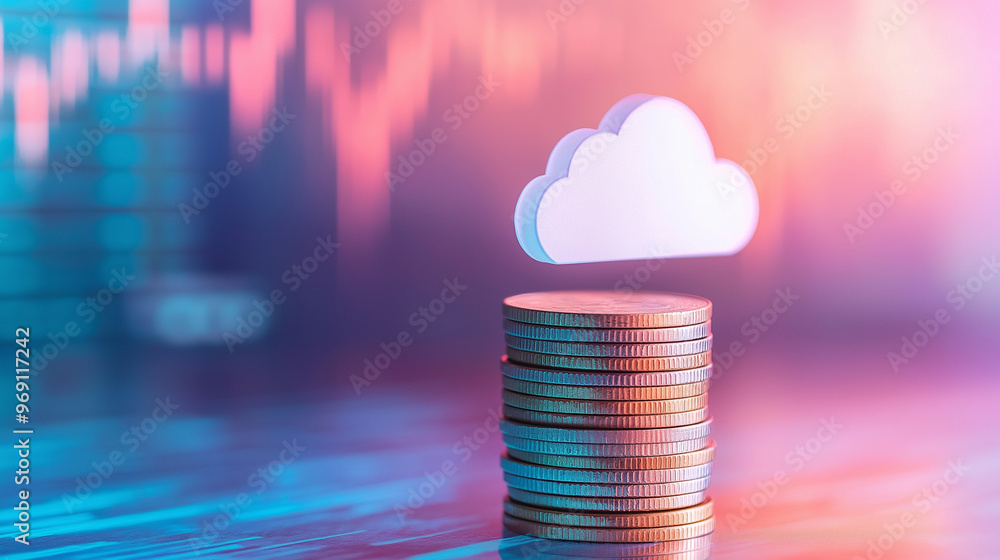 Poster a stack of coins leading up to a cloud icon with a gradient background of technology elements, symbo