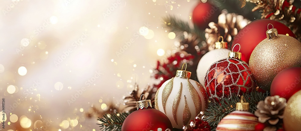 Poster Christmas collection Christmas toys with space for text on the greeting card Gold and red ornament. with copy space image. Place for adding text or design