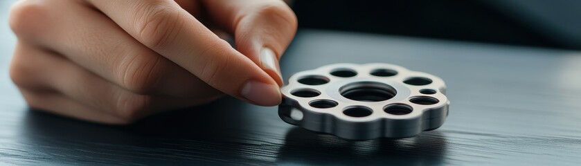Close-up of a person holding a metallic fidget spinner on a smooth surface, showcasing its circular design and holes for balance.