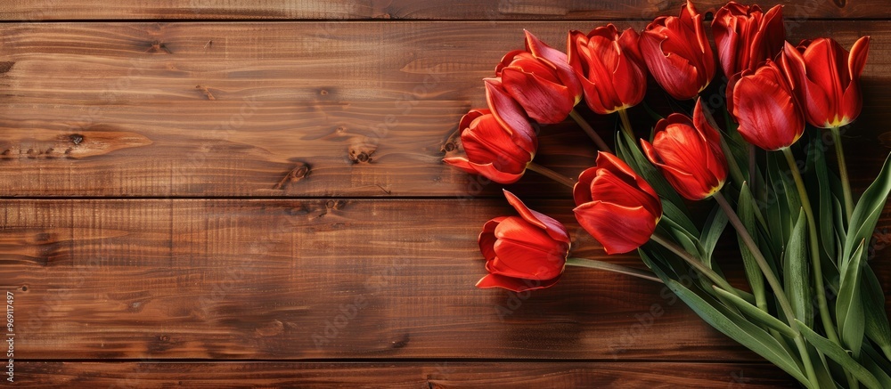 Poster Big sale Red Tulips for Easter spring or Mother s Day on an old wooden table background empty space for design flat lay minimal. with copy space image. Place for adding text or design