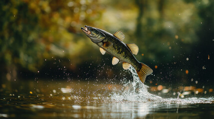 Fototapeta premium A largemouth bass dramatically jumps out of the water, creating splashes, with a blurred natural background in a serene fishing scene. 